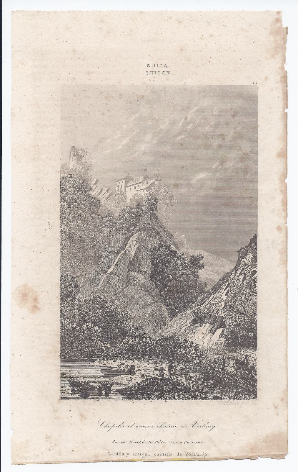 Antiques - ENGRAVED CHAPEL AND ANCIENT VORBURG CASTLE. SWITZERLAND. ROUARGUE.