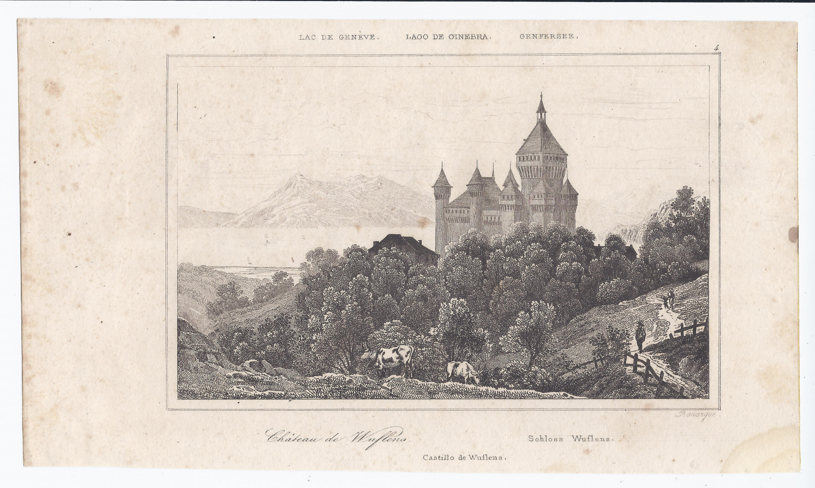 Antiguedades - GRABADO SUIZA. LAGO GINEBRA. CASTILLO DE WUFLENS.