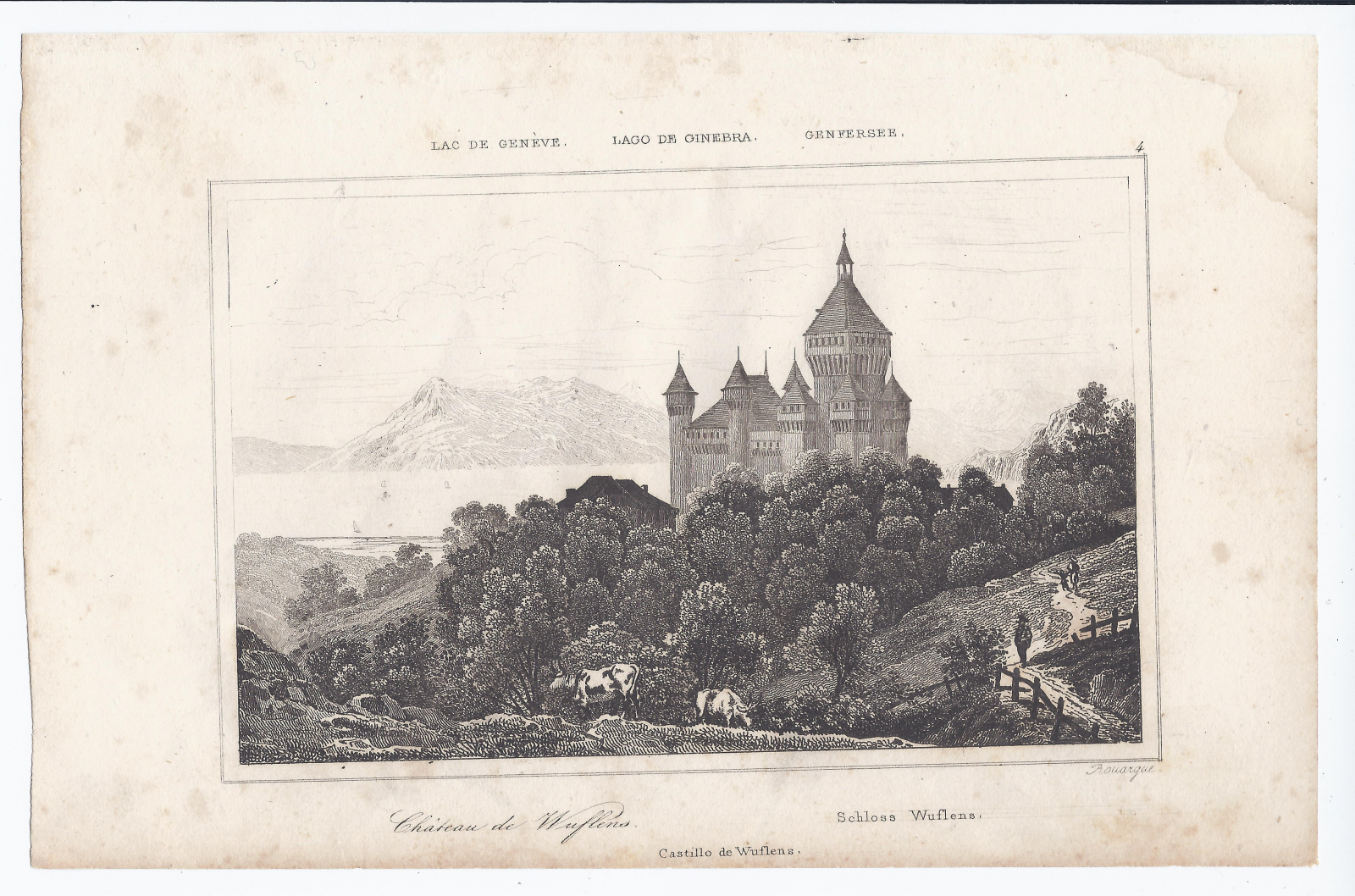 Antiguedades - GRABADO SUIZA. LAGO GINEBRA. CASTILLO DE WUFLENS.