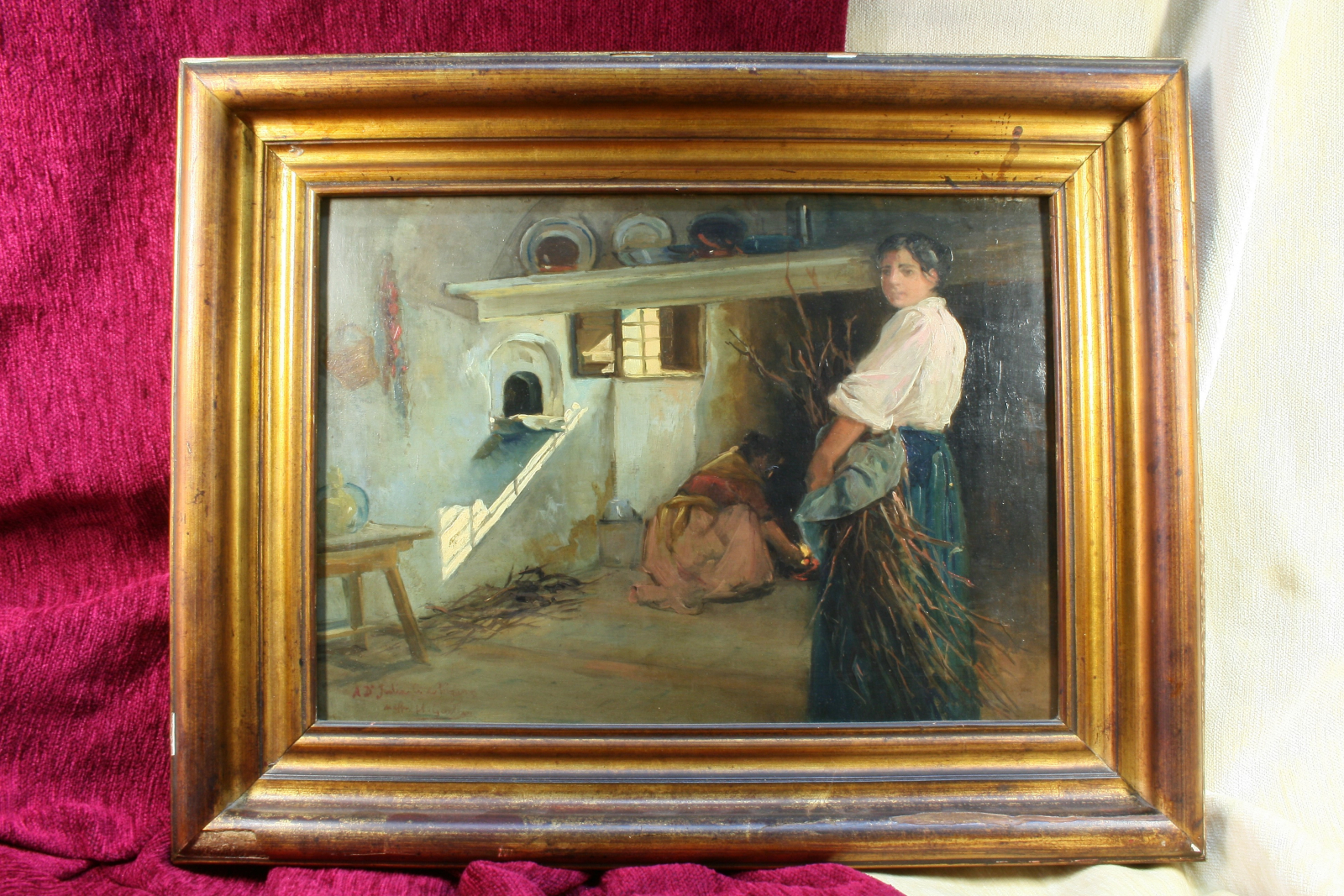 Antiguedades - ÓLEO MUJER ENCENDIENDO CHIMENEA. HELIODORO GUILLÉN PEDEMONTI. 