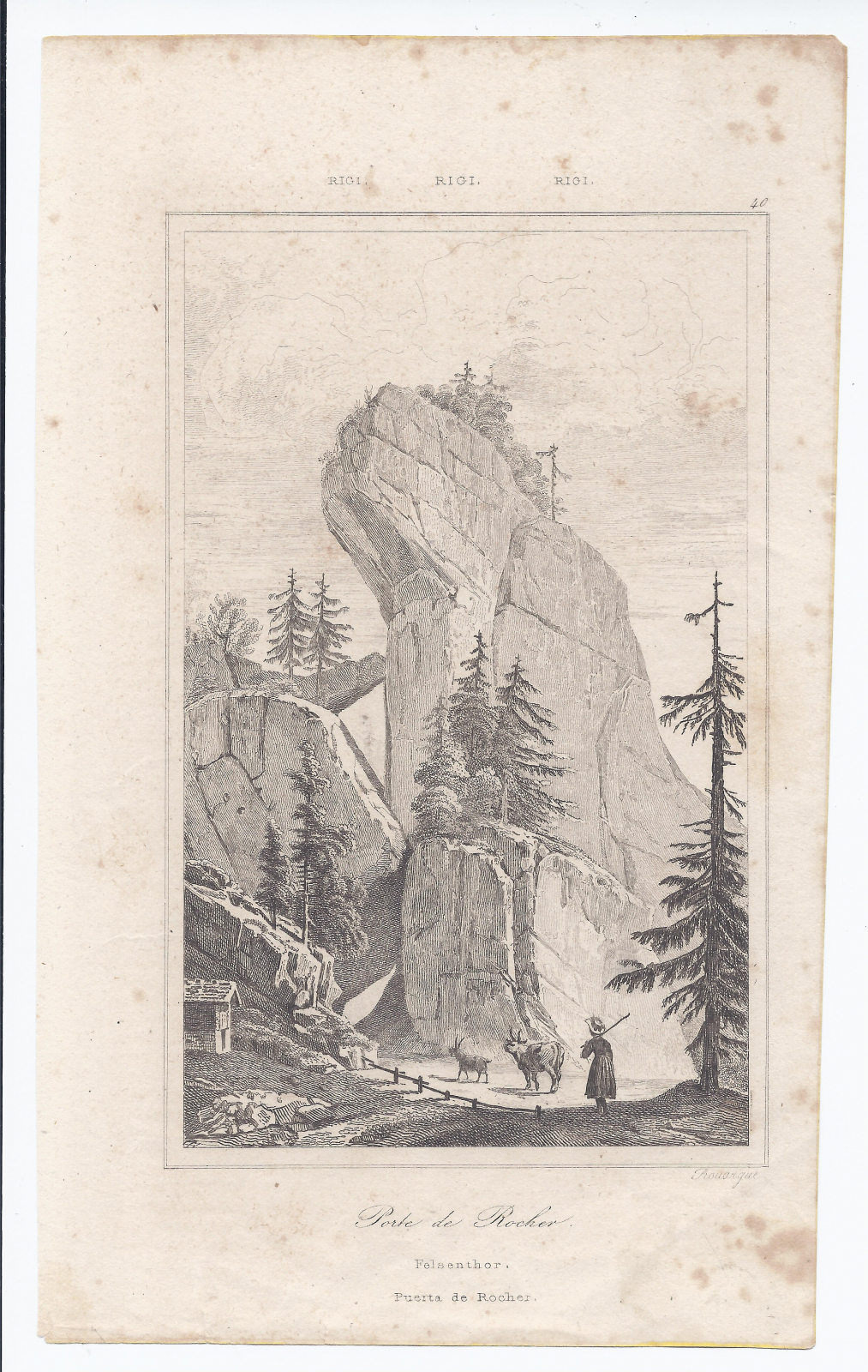 Antiguedades - GRABADO SUIZA. SCHWYZ. ALPES. RIGI. PUERTA DE ROCHER. FELSENTHOR.