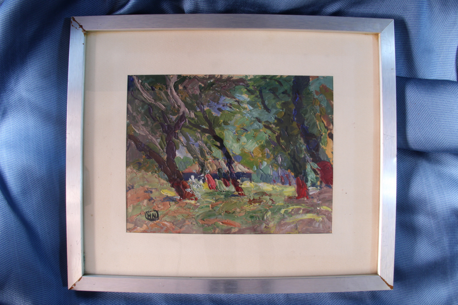 Antiguedades - ÓLEO BOSQUE CON CASA. FIRMADO HN. S.XX