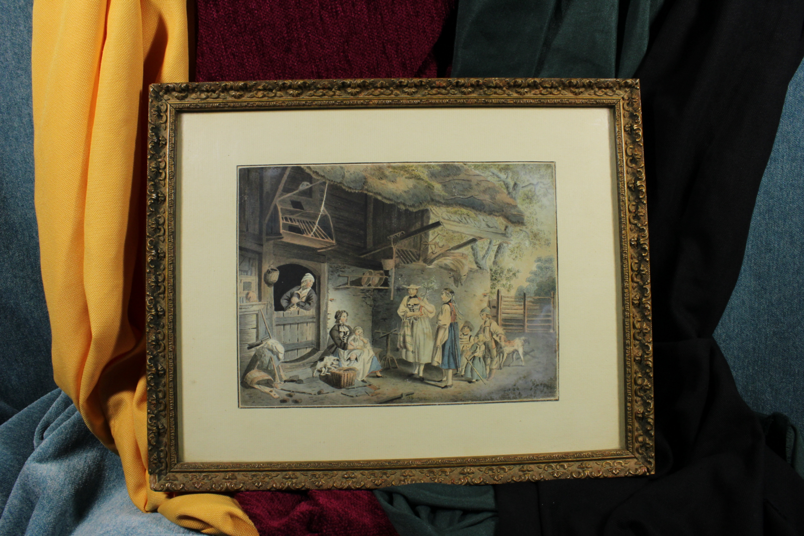 Antiques - WATERCOLOR MEETING IN THE VILLAGE. S.XX. PAINTING.