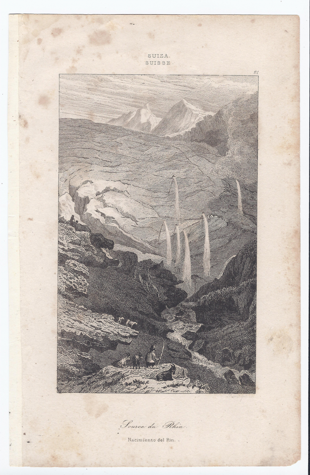 Antiguedades - GRABADO NACIMIENTO RIN. SUIZA. GRAVÉ SOURCE DU RHIN. SUISSE. S.XIX