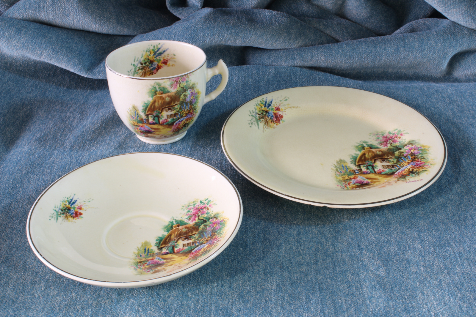Antiguedades - TAZA Y PLATOS. HOMESTEAD. BOVEY POTTERY.