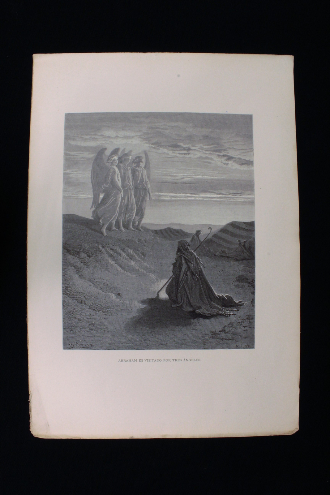 Antiguedades - GRABADO LIGNY, ABRAHAM ES VISITADO POR TRES ÁNGELES DE GUSTAVE DORÉ.