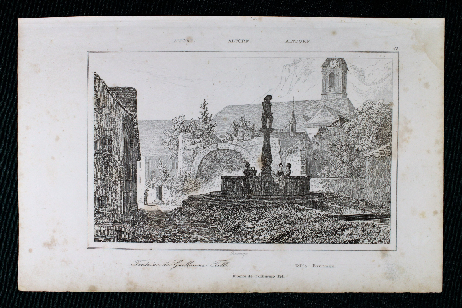 Antiques - GUILLERMO TELL FOUNTAIN ENGRAVING. ALTDORF. ROUARGUE.