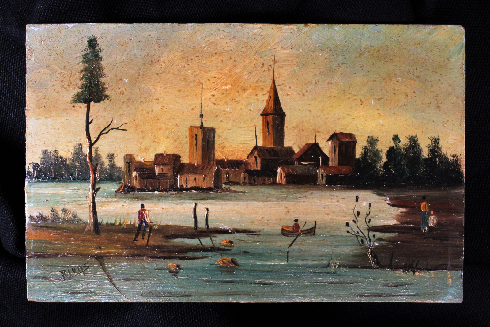Antiques - NOTE THE OIL PAINTING ON SIGNED BOARD. LANDSCAPE. RIVAS.