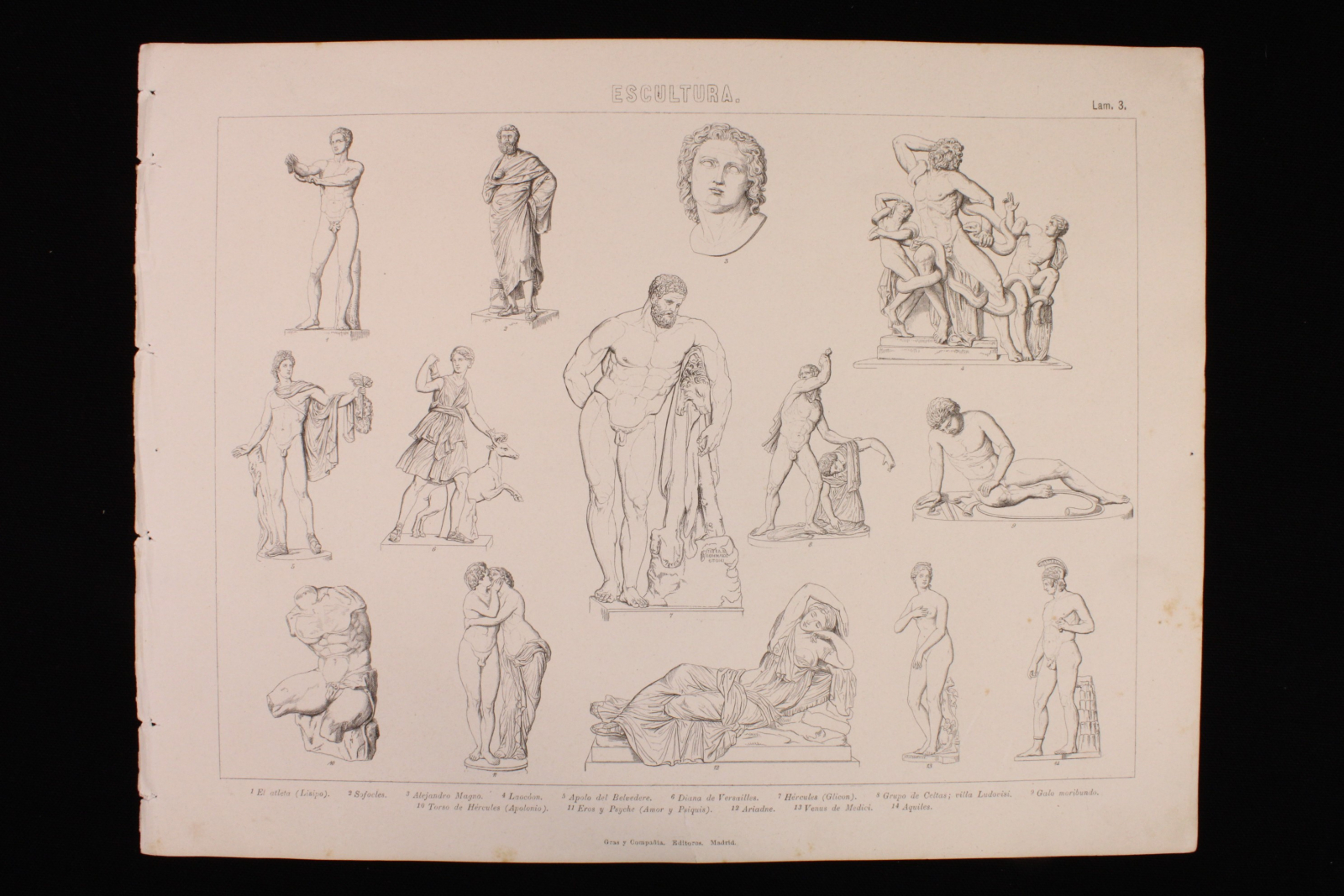 Antiguedades - GRABADO ESCULTURA LÁMINA 3. GRAS Y Cª. 1885. MITOLOGÍA Y REYES