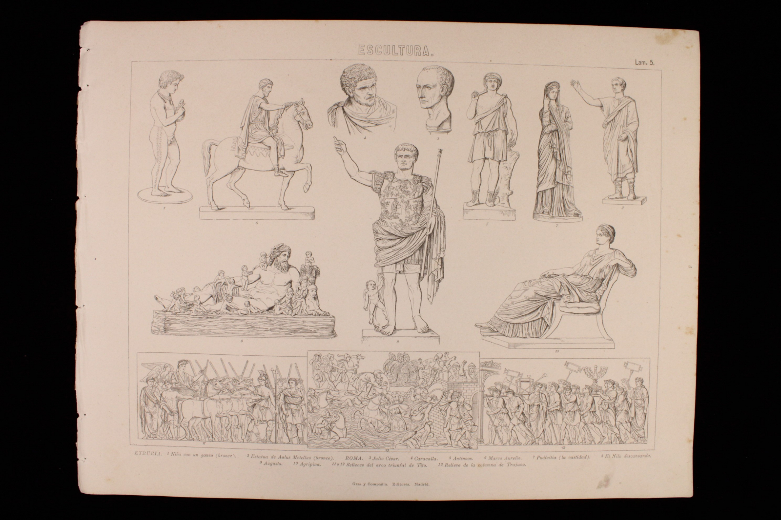 Antiguedades - GRABADO ESCULTURA LÁMINA 5. GRAS Y Cª. 1885. ETRURIA Y ROMA.