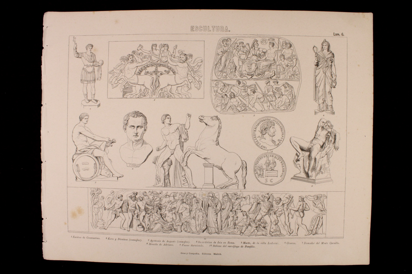 Antiguedades - GRABADO ESCULTURA LÁMINA 6. GRAS Y Cª. 1885. BUSTOS Y MONEDAS