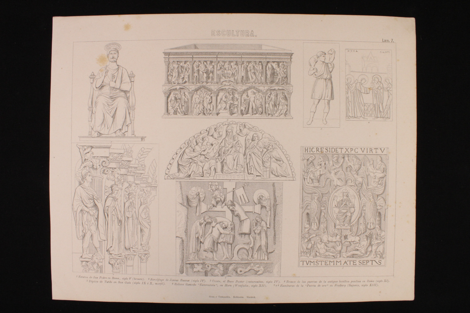 Antiguedades - GRABADO ESCULTURA LÁMINA 7. GRAS Y Cª. 1885. RELIEVES, ATLANTES, ETC.