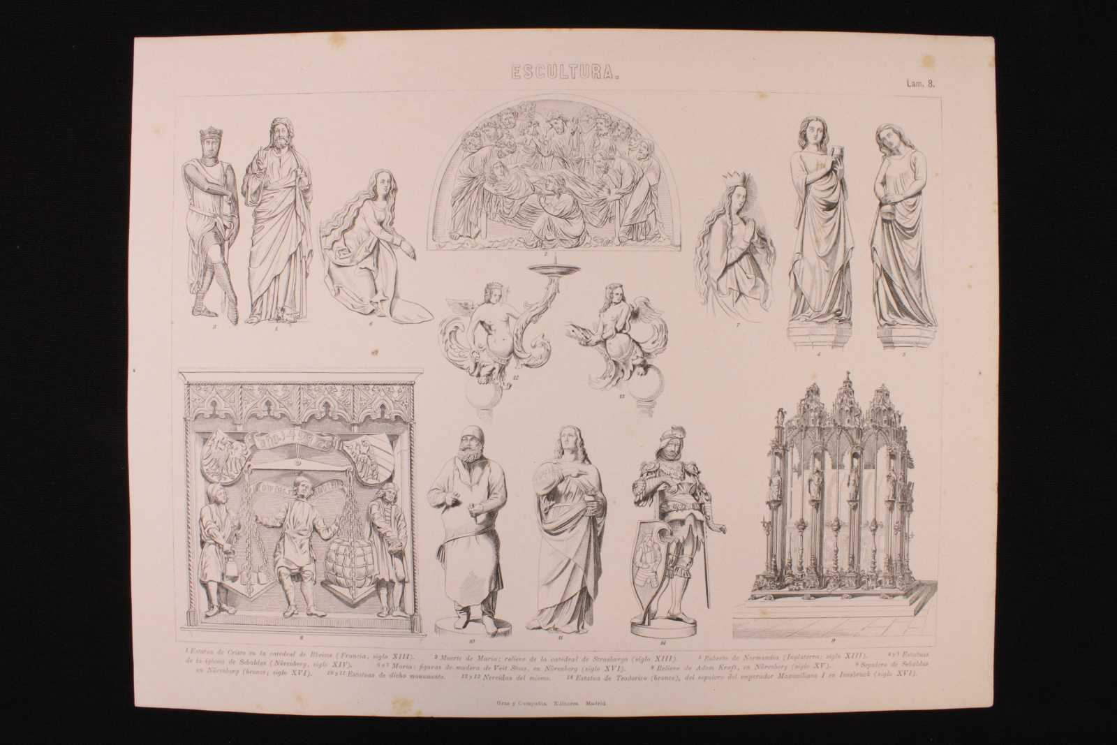 Antiguedades - GRABADO ESCULTURA LÁMINA 8. GRAS Y Cª. 1885. RELIEVES, SEPULCROS, ETC