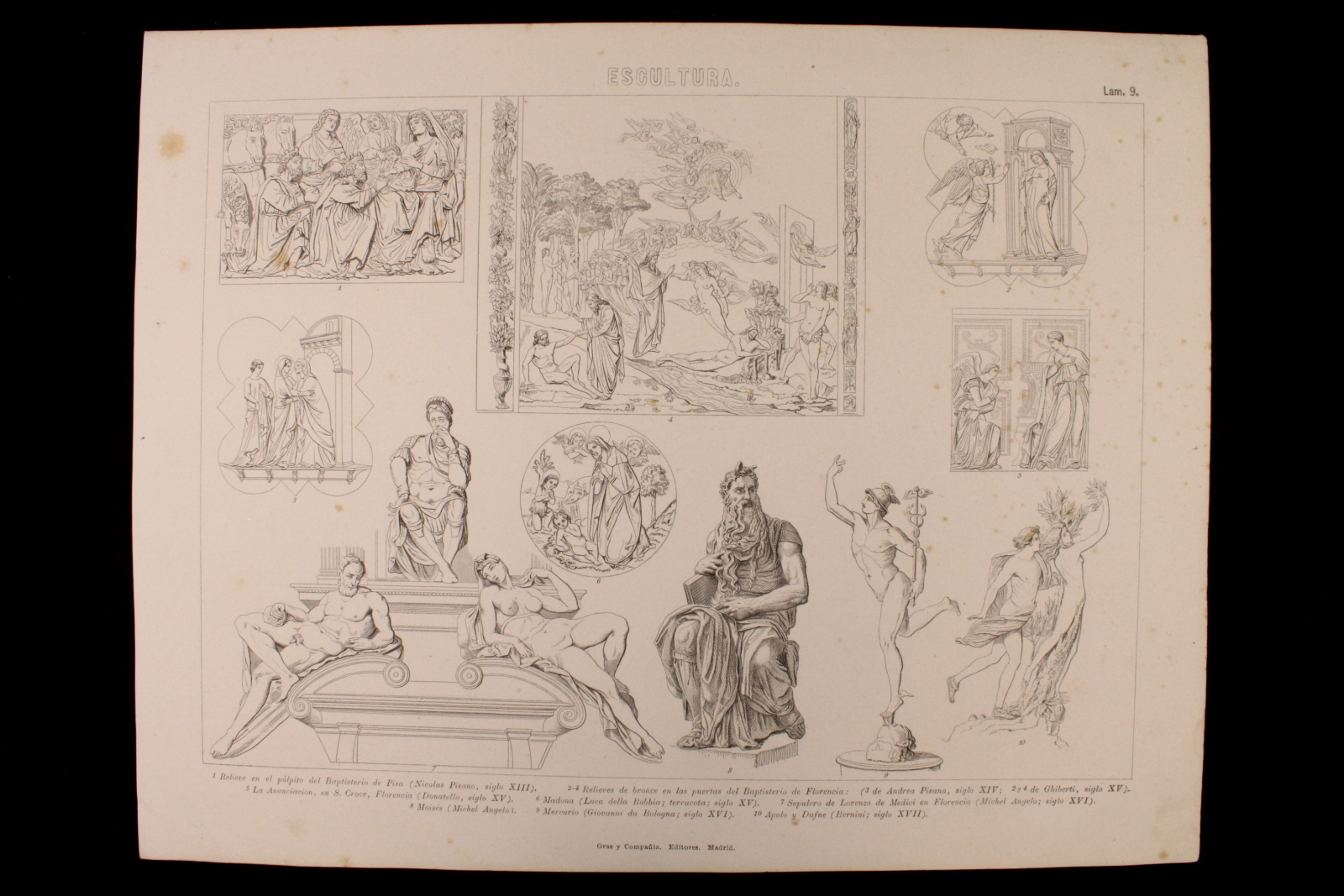 Antiques - ENGRAVING SCULPTURE PLATE 9. GRAS AND Cª. 1885. RELIEFS, SEPULCHRES
