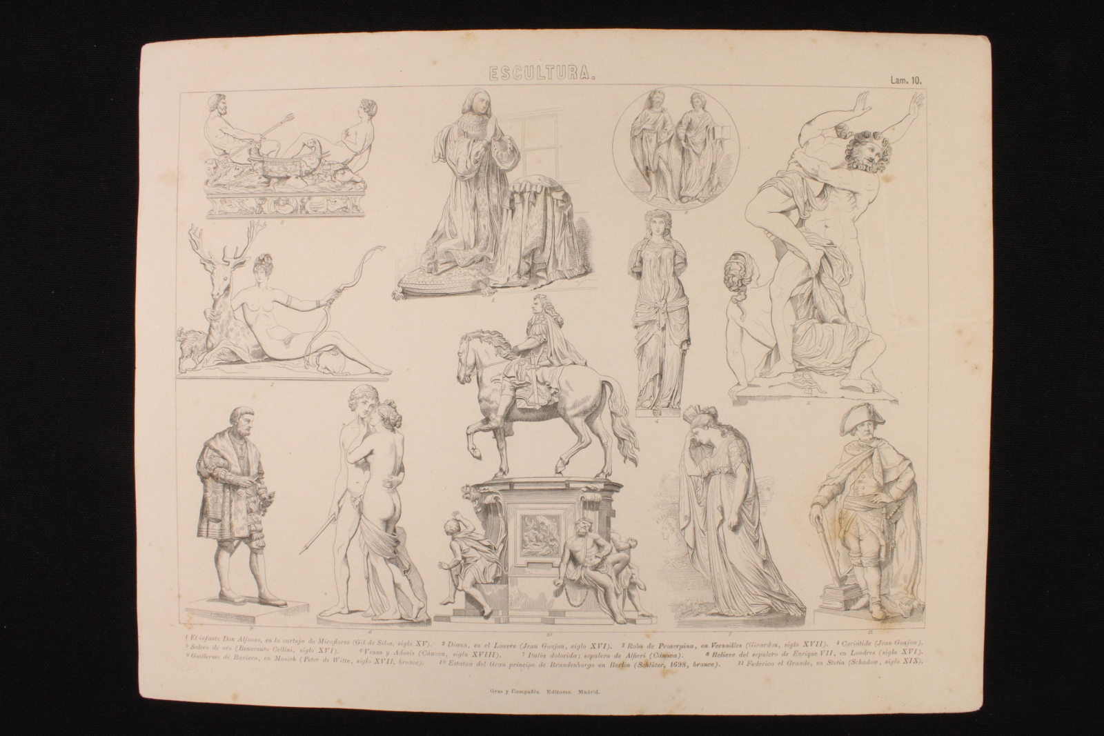 Antiques - ENGRAVING SCULPTURE PLATE 10. GRAS Y Cª. 1885. MYTHOLOGY, PRINCES
