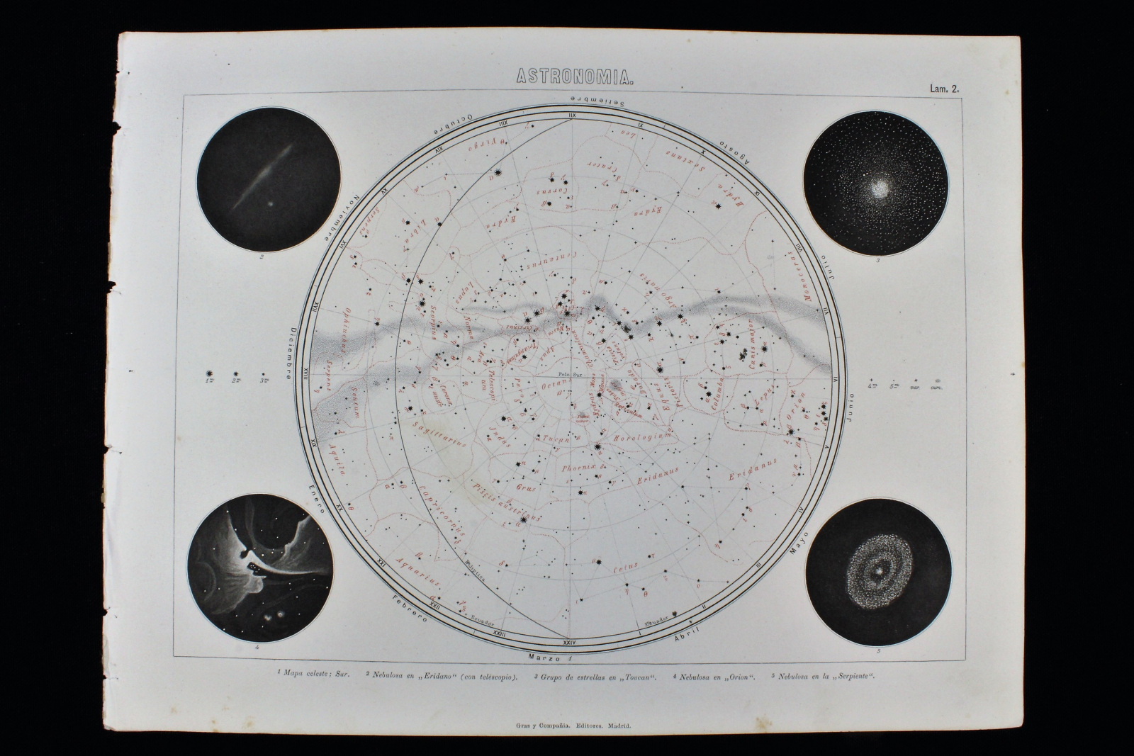 Antiques - ENGRAVING ASTRONOMY LÁMINA 2 GRAS Y Cª. 1885. CELESTIAL MAP. NEBULA.
