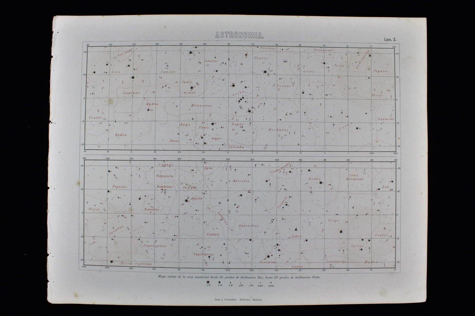 Antiques - ENGRAVING ASTRONOMY PLATE 3 GRAS Y Cª. 1885. CELESTIAL MAP. DECLINATIO