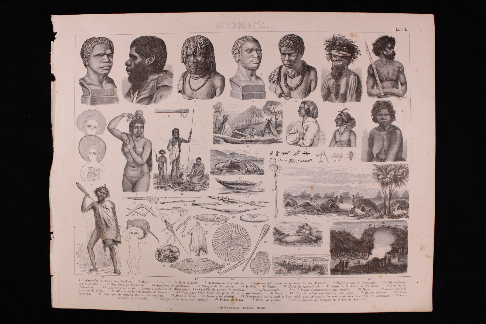 Antiques - ENGRAVING ETHNOGRAPHY SHEET 1. GRAS & Cª. ETHNIC GROUPS.