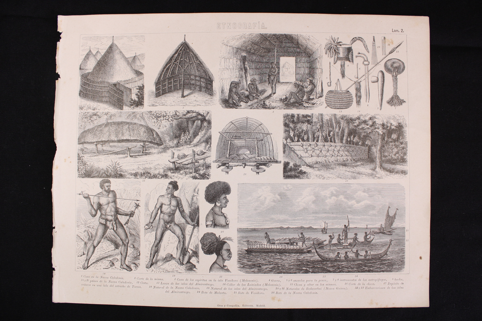 Antiques - ETHNOGRAPHIC ENGRAVING SHEET 2. HOUSES. BOATS