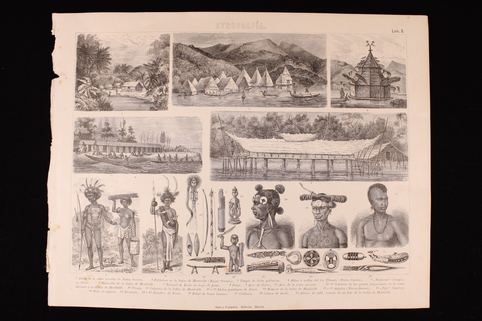 Antiques - ENGRAVING ETHNOGRAPHY PLATE 3. GRAS AND Cª. TEMPLES AND TOOLS.