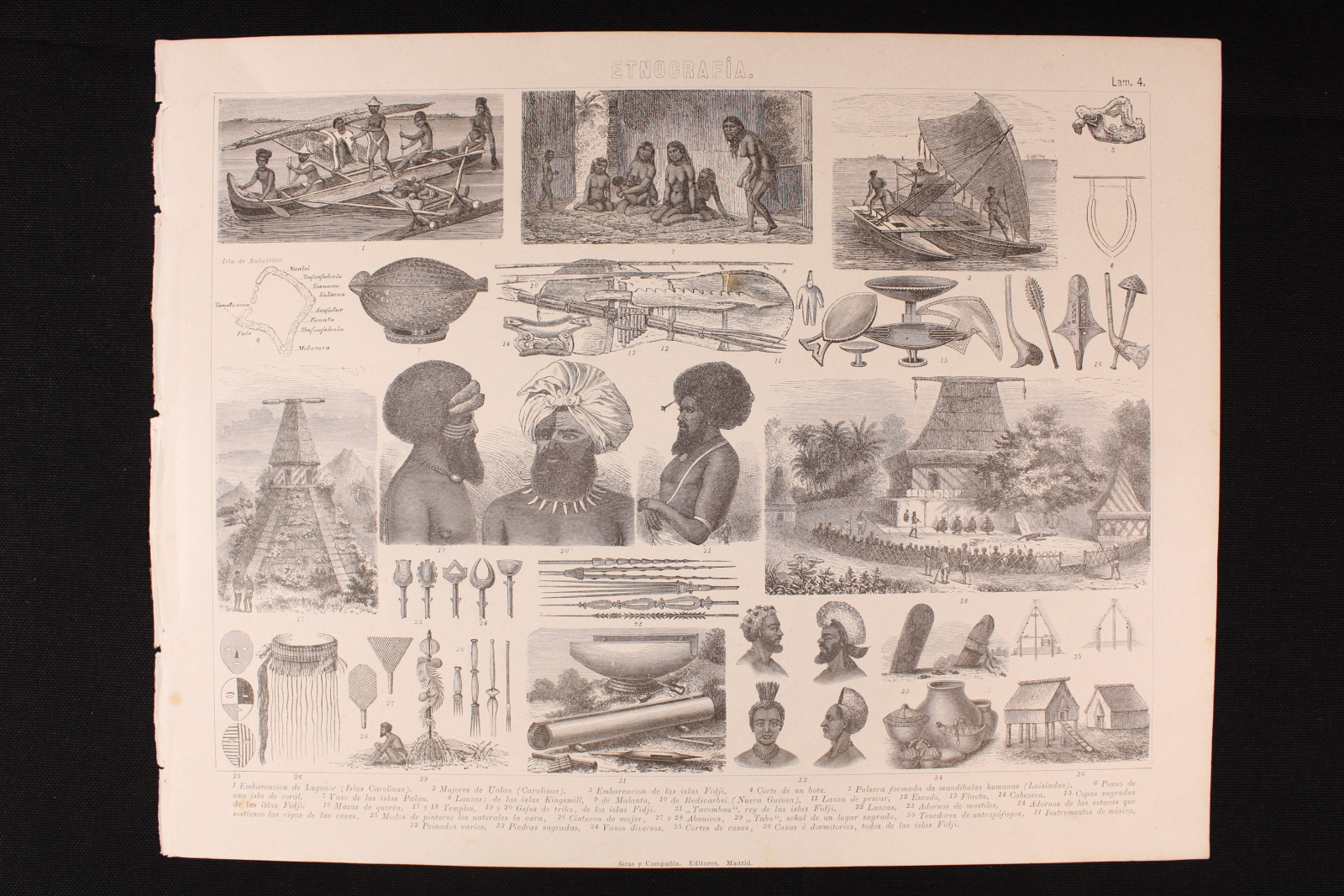 Antiques - ETHNOGRAPHIC ENGRAVING LÁMINA 4. GRAS AND Cª. BOATS AND BELONGINGS