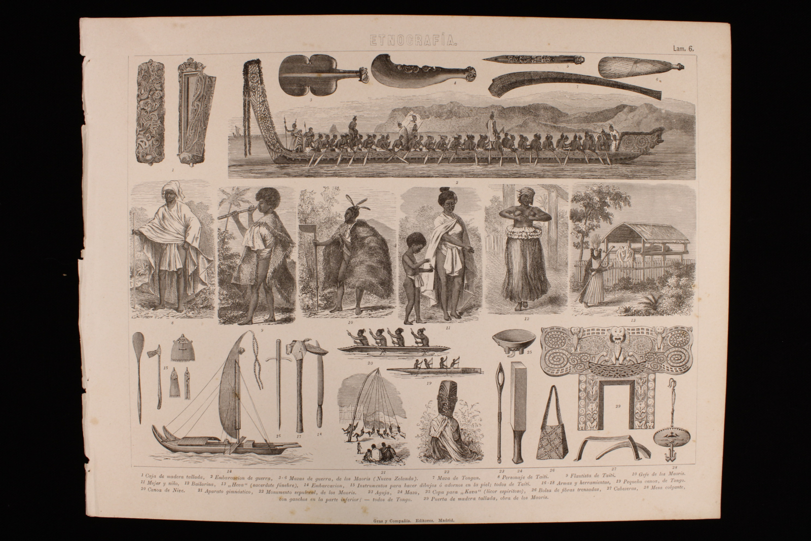 Antiques - ETHNOGRAPHIC ENGRAVING LÁMINA 6. GRAS AND Cª. WEAPONS, TRADITIONS, ETC