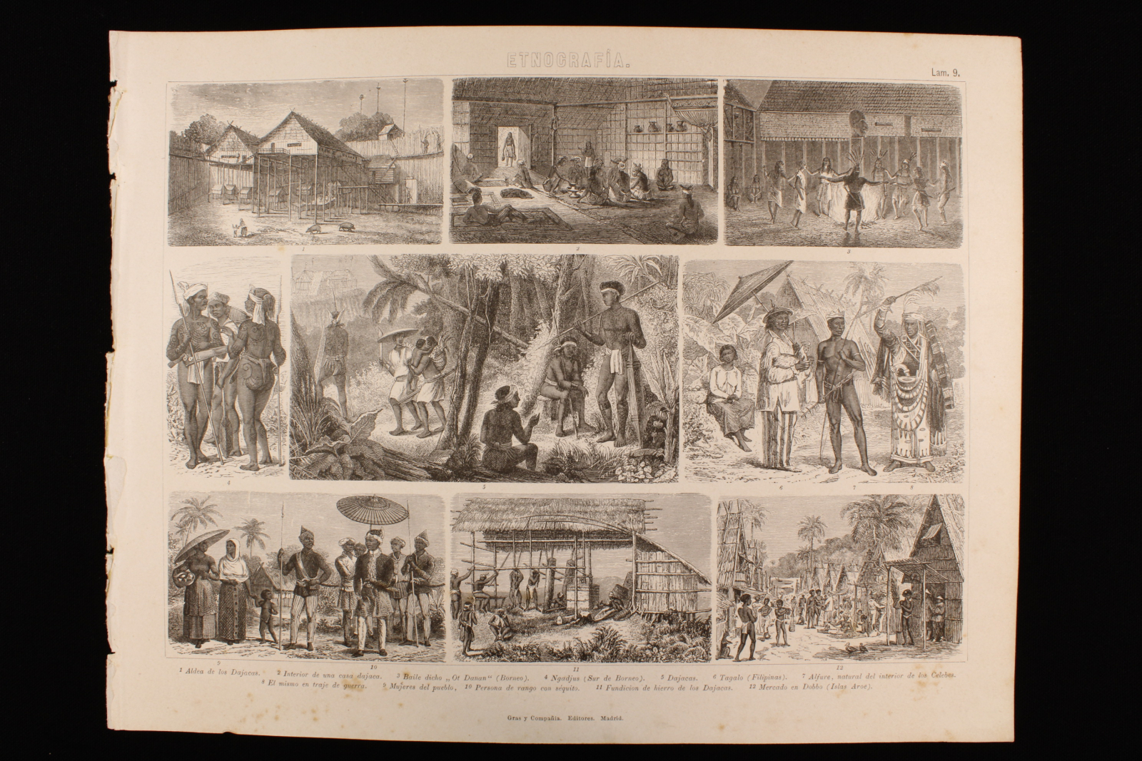 Antiques - ETHNOGRAPHIC ENGRAVING LÁMINA 9. GRAS AND Cª. VILLAGES, MARKETS AND DA