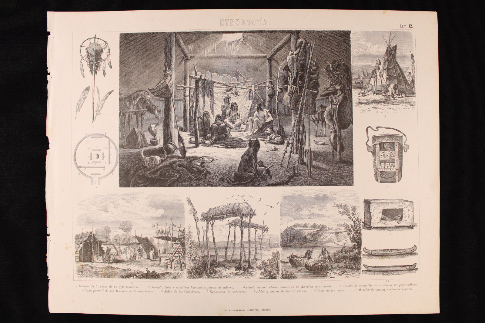 Antiques - ENGRAVING ETHNOGRAPHY PLATE 12. GRAS & Cª. TENTS, BEDS, CANOES, ETC.