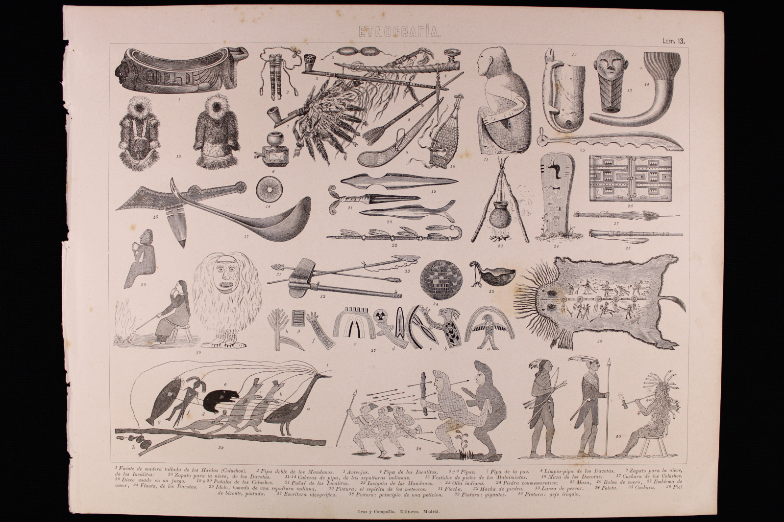 Antiques - ENGRAVING ETHNOGRAPHY PLATE 13. GRAS & Cª. SMOKING PIPES, INSTRUMENTS 