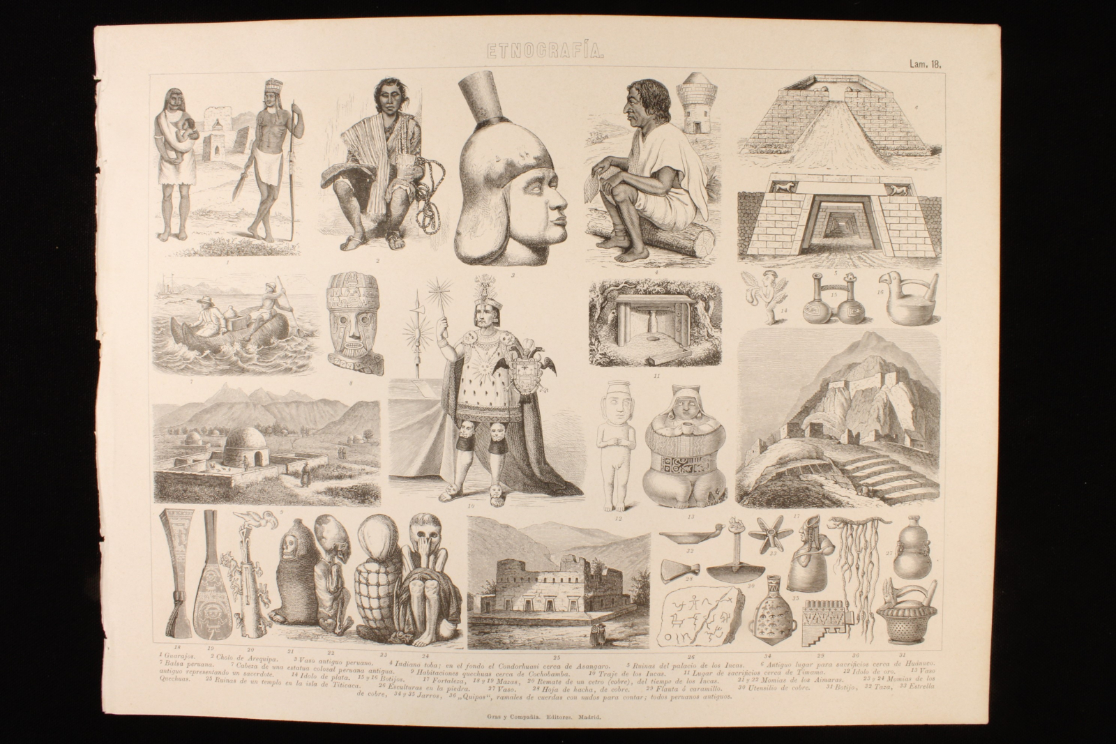 Antiques - ENGRAVING ETHNOGRAPHY SHEET 18 GRAS & Cª. TEMPLES AND SCULPTURES.
