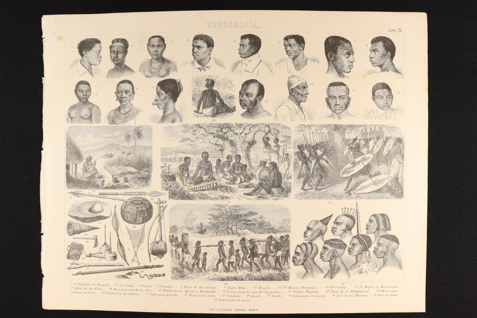 Antiques - ENGRAVING ETHNOGRAPHY PLATE 21 GRAS & Cª. INDIANS AND INSTRUMENTS.