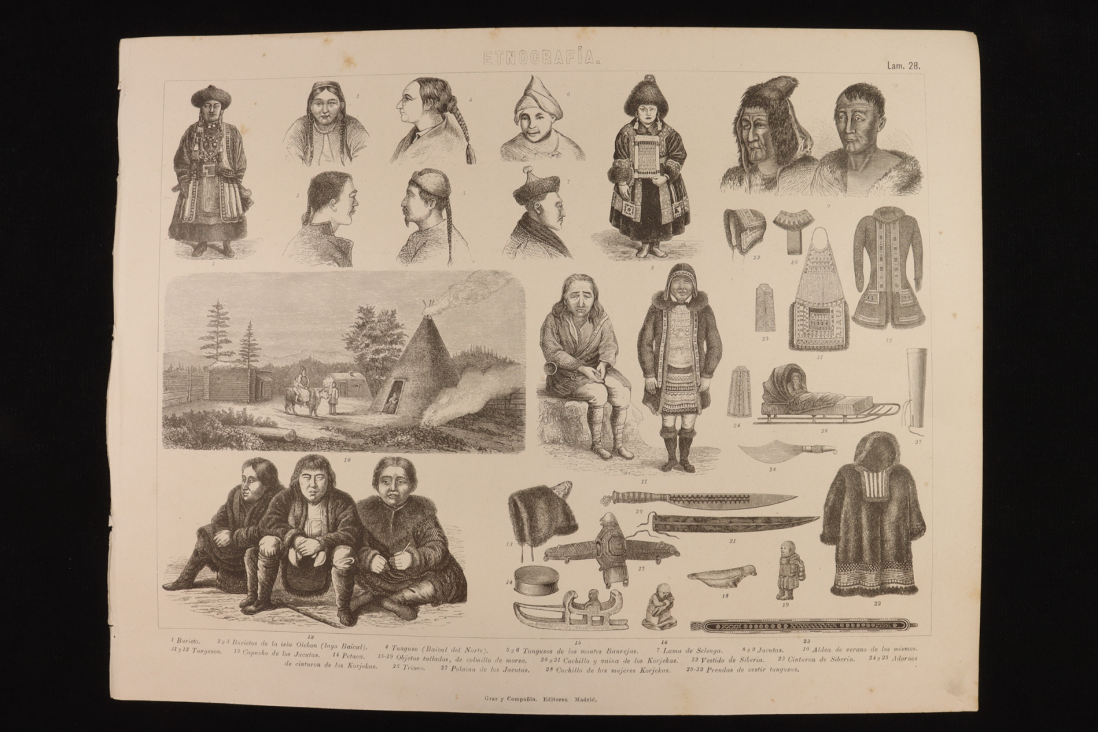 Antiques - ETHNOGRAPHIC ENGRAVING LÁMINA 28 GRAS Y Cª. BURIETOS, TUNGUSOS AND JAC