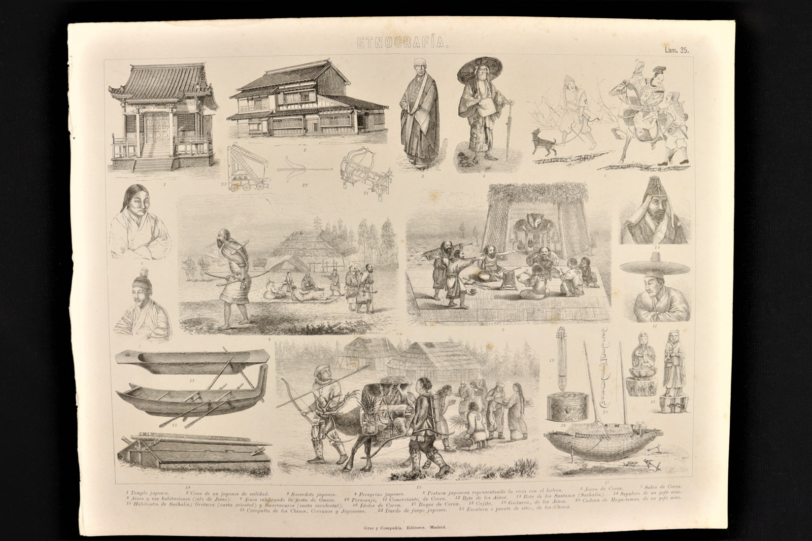 Antiques - ENGRAVING ETHNOGRAPHY PLATE 35 GRAS & Cª. AINOS, SANTANOS AND JAPANESE