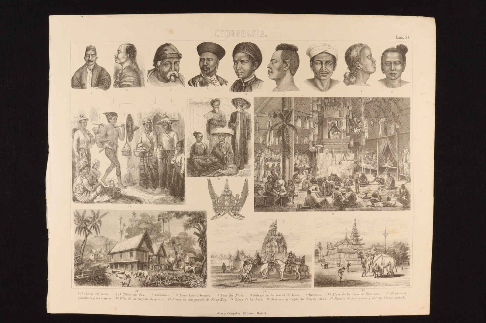 Antiques - ENGRAVING ETHNOGRAPHY PRINT 37 GRAS & Cª. LAOS, BURMESE AND MANDARINS.