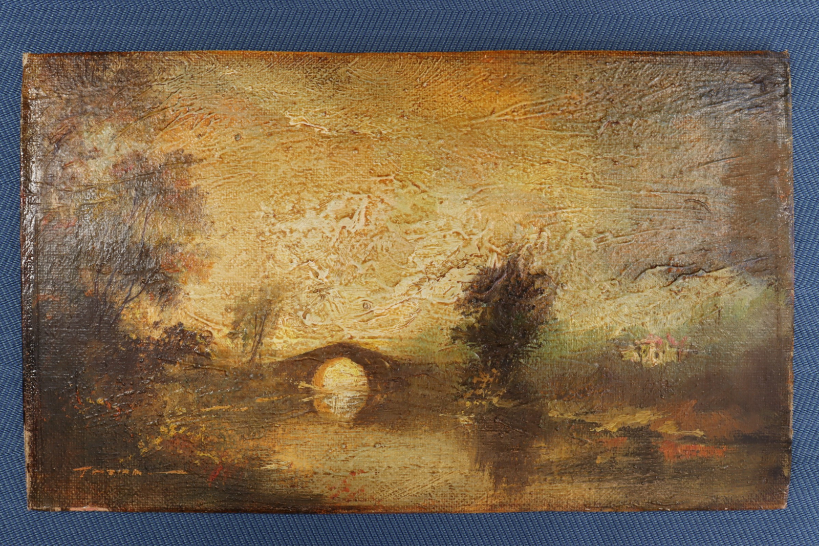 Antiques - OIL ON CANVAS GLUED TO TÁBLEX. BRIDGE.