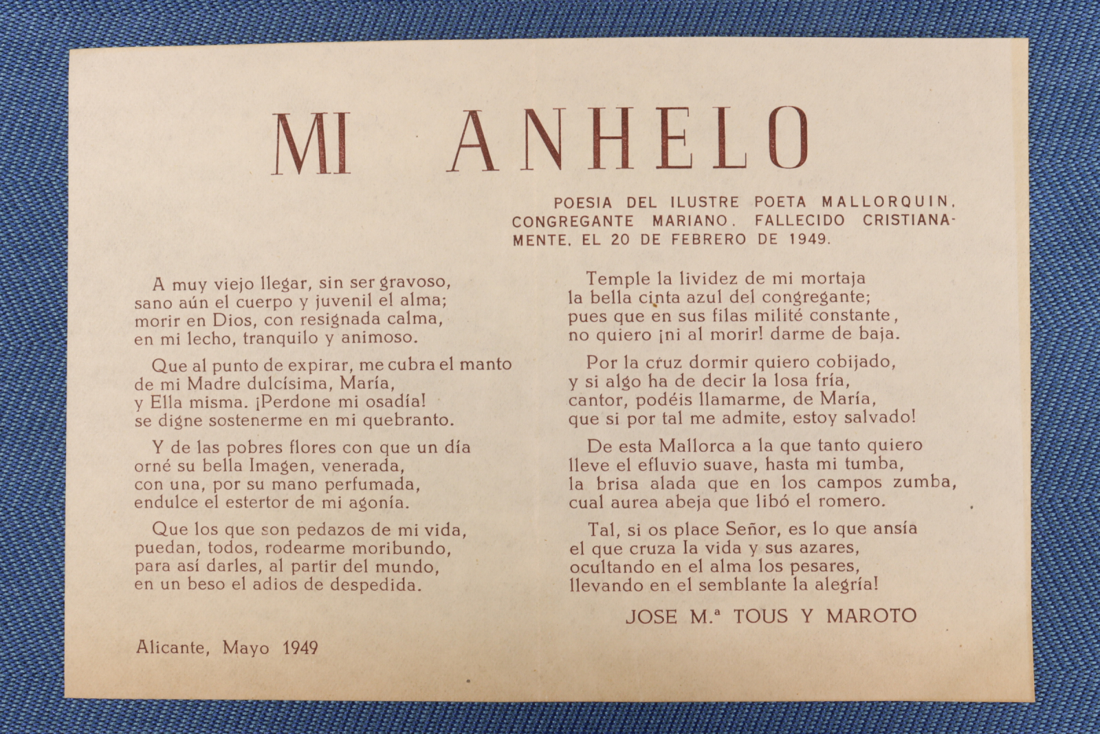 Antiguedades - POESÍA MI ANHELO. JOSÉ MARÍA TOUS Y MAROTO. 1949