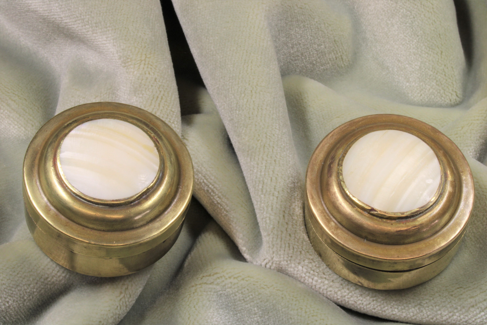 Antiques - PAIR OF BRASS AND MOTHER-OF-PEARL BOXES. (T)
