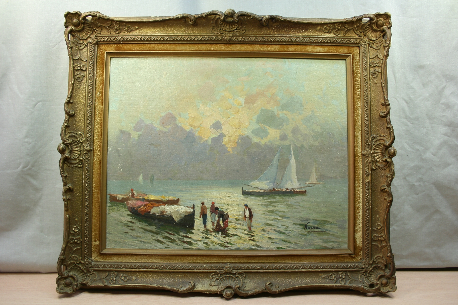 Antiques - FRAMED OIL PAINTING. S.XX. BEACH WITH BOATS. SIGNED NORSA.