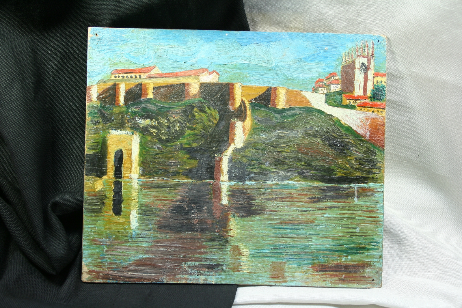 Antiguedades - ÓLEO SOBRE TÁBLEX. CASTILLO DE TOLEDO. APUNTE. PRIMERA MITAD S.XX