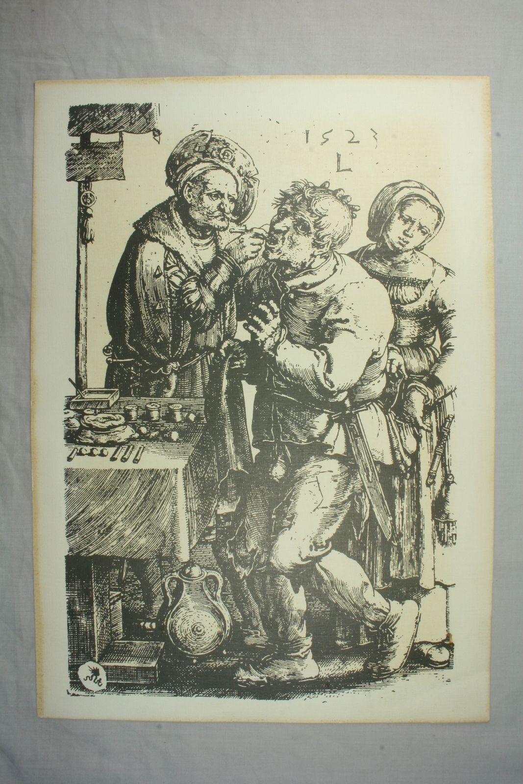 Antiguedades - LÁMINA S.XX. REPRODUCIENDO GRABADO 1523. MEDICINA. DENTISTA.