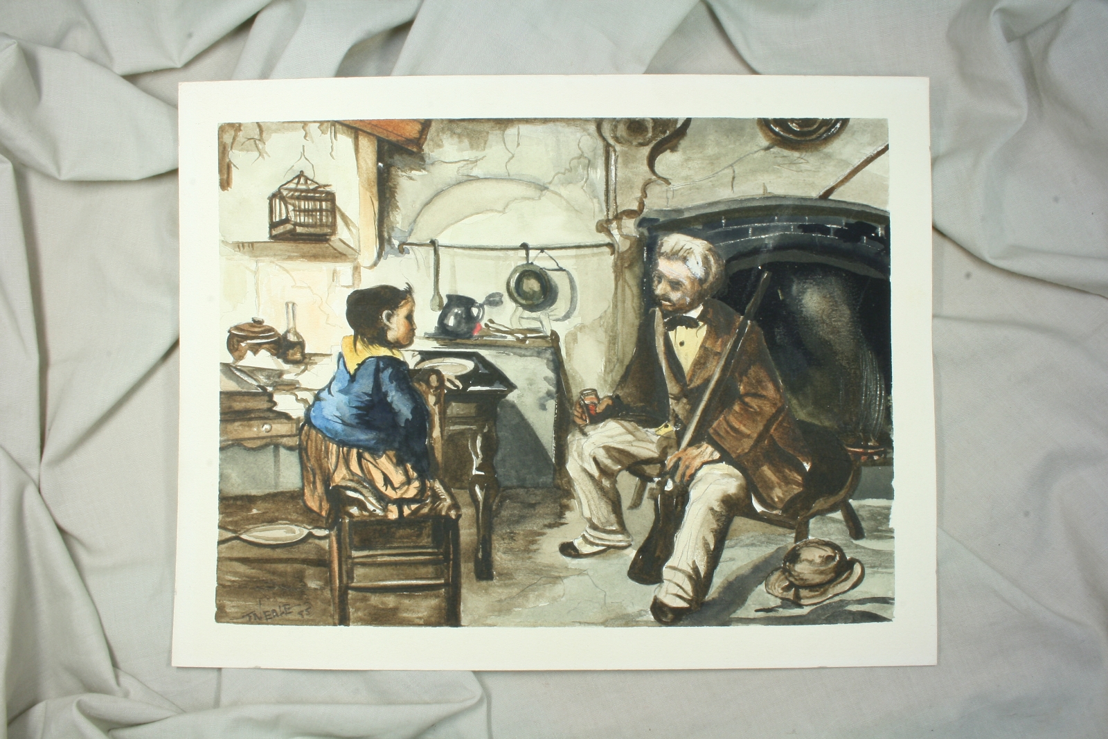Antiques - WATERCOLOR KITCHEN. GRANDFATHER WITH GRANDDAUGHTER. S.XX