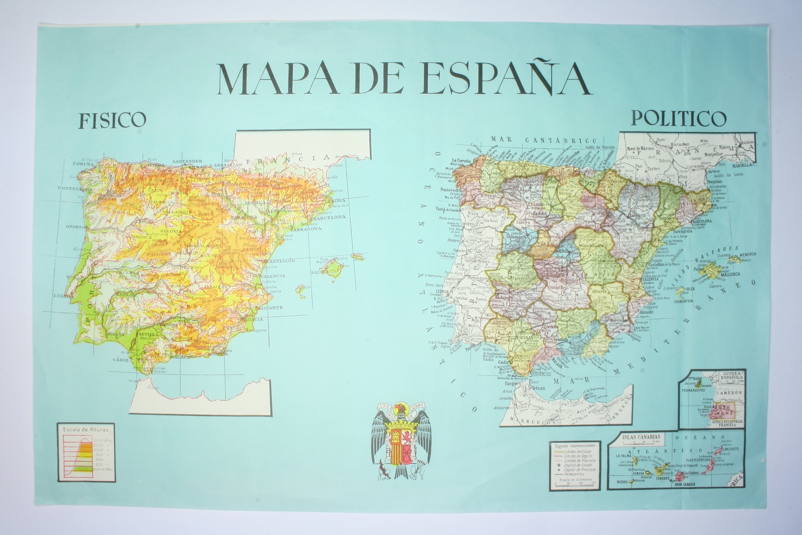 Antiques - PHYSICAL AND POLITICAL MAP OF SPAIN. COLOUR. S.XX.