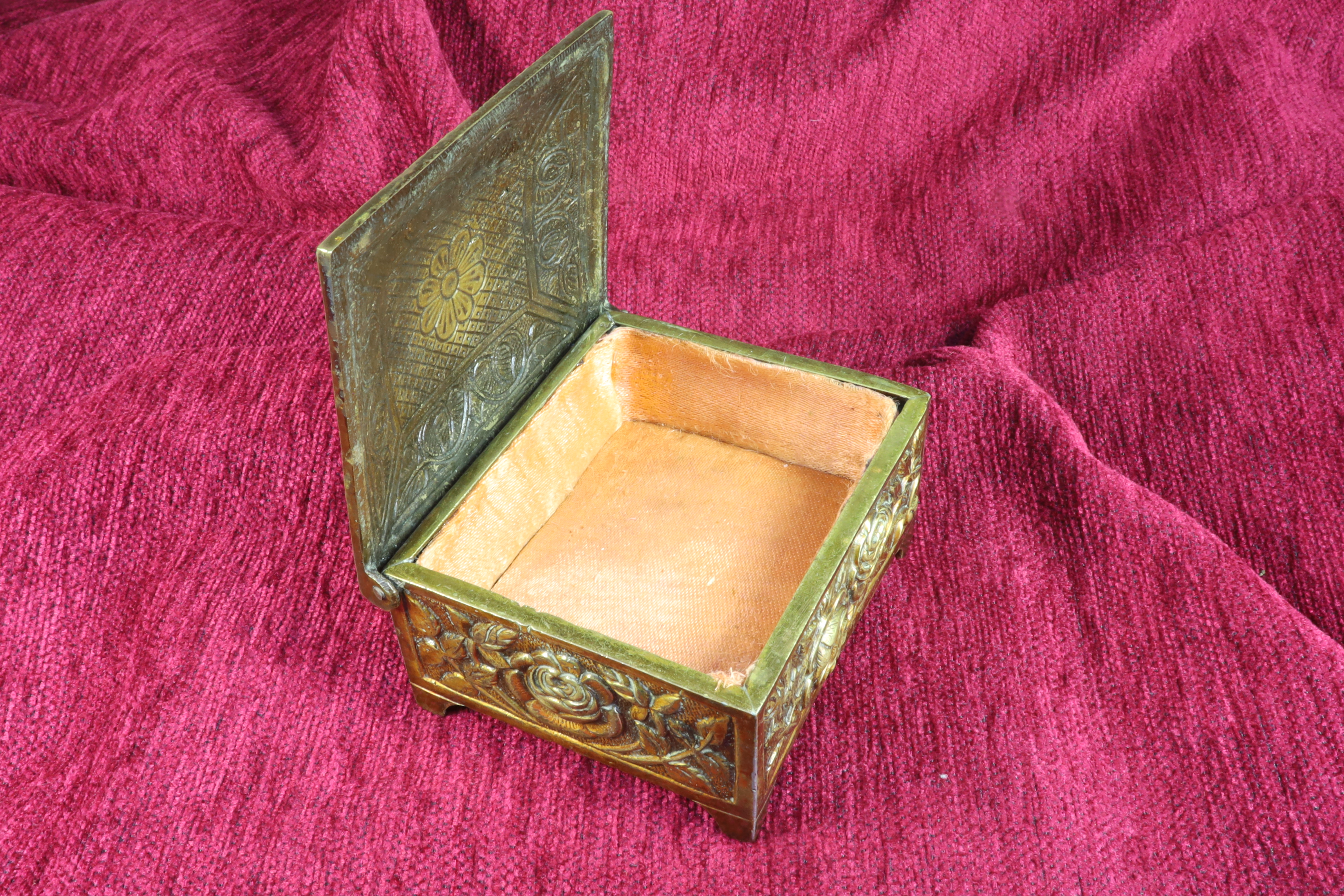 Antiques of square metal box with roses modernist jewelry box