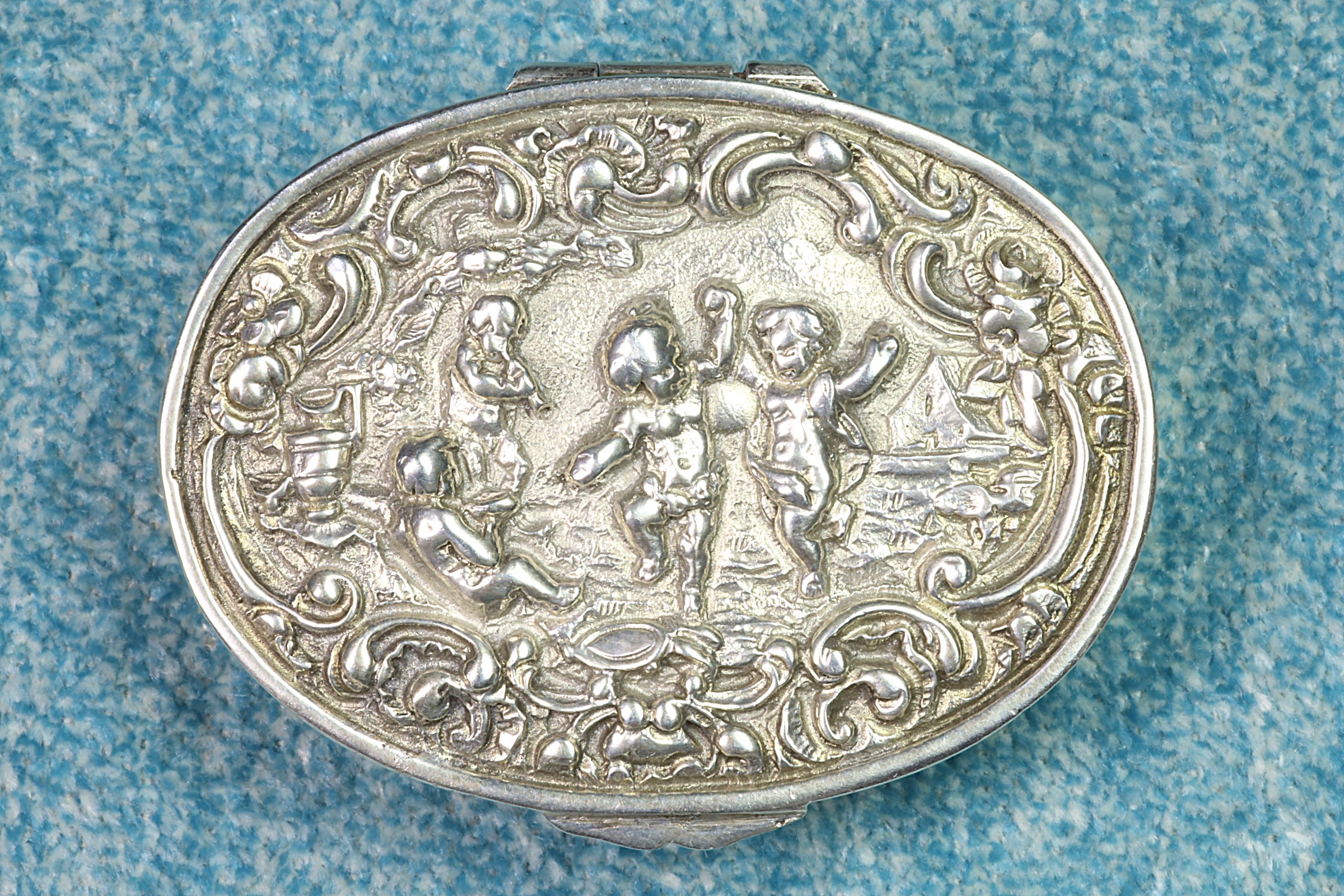 Antiques - OVAL SILVER PILL BOX. DANCING CHILDREN.