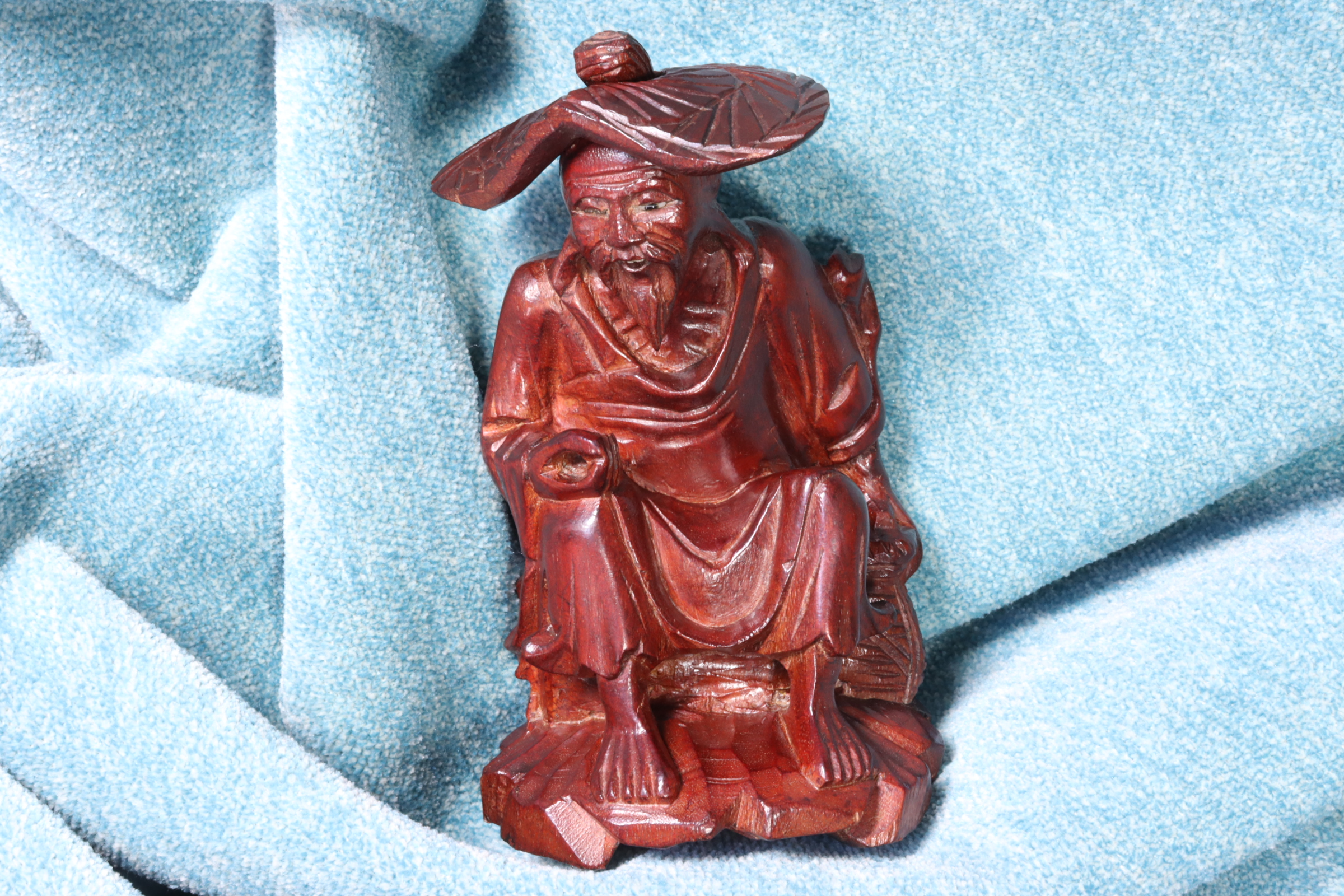 Antiques - CHINESE OLD MAN FISHERMAN SCULPTURE. WOOD CARVING.