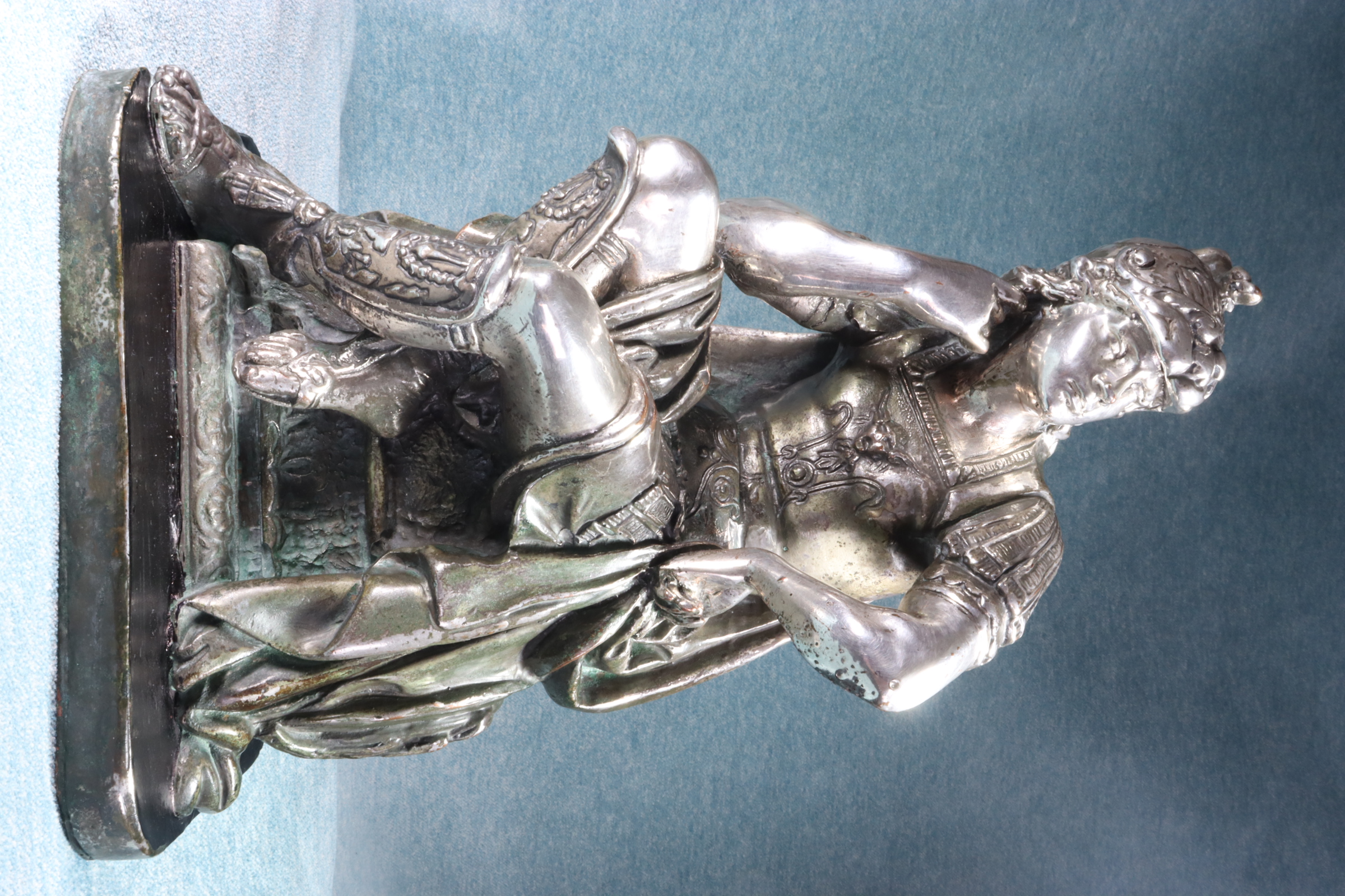 Antiguedades de warrior sculpture in resin with silver plating signed uribe