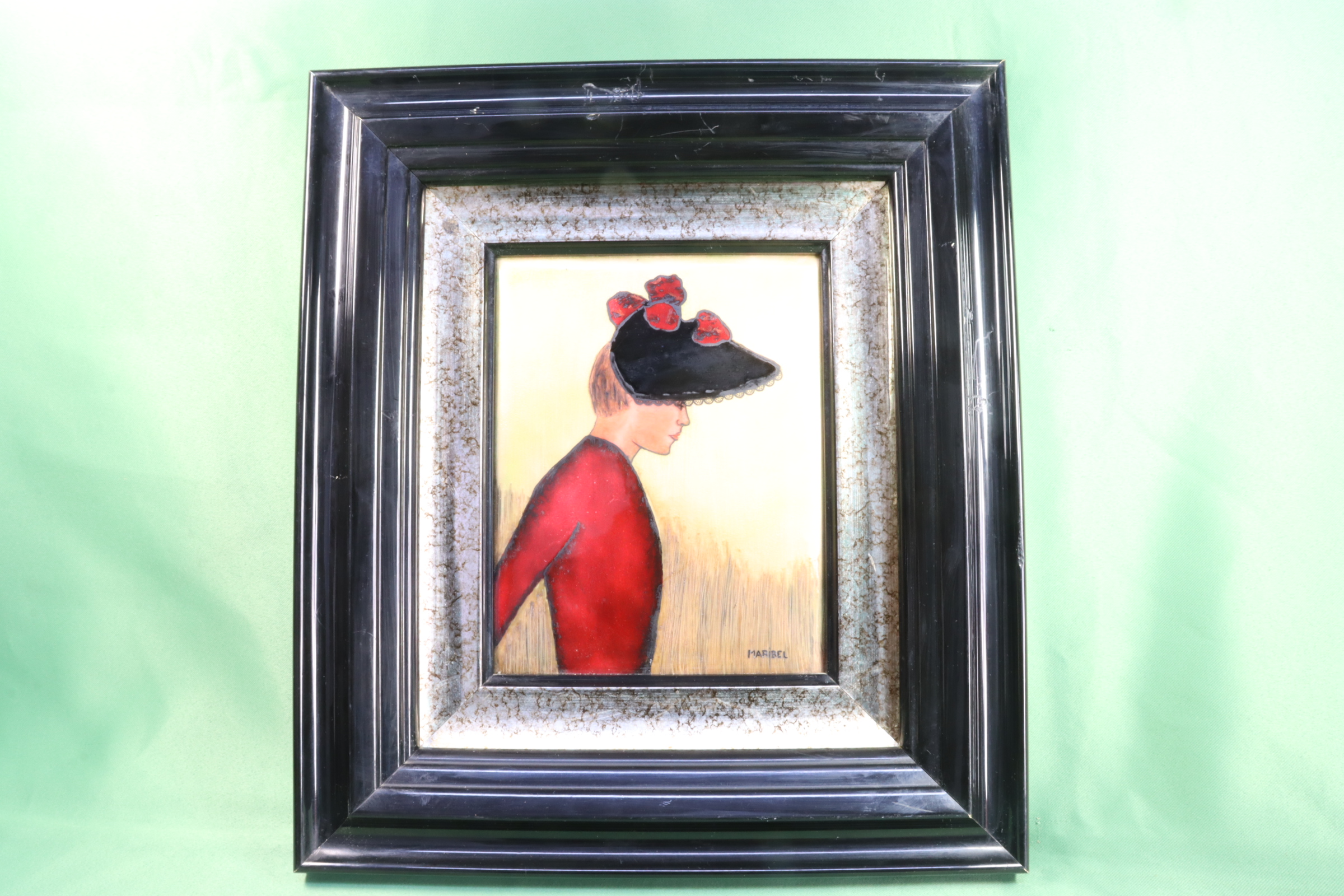 Antiguedades de painted enamel woman in profile signed