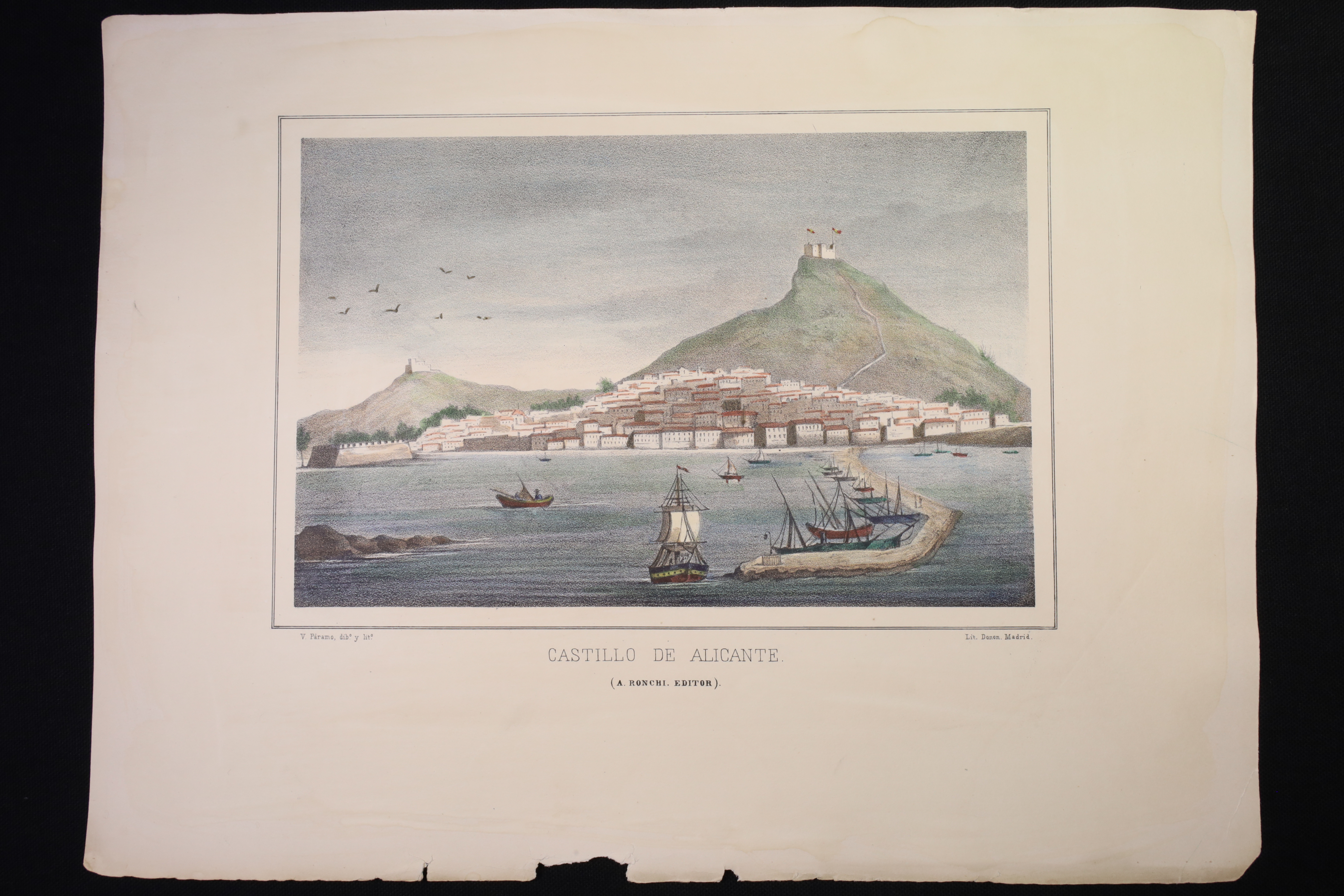 Antiques - COLOUR ENGRAVING. CASTLE OF ALICANTE. RONCHI EDITOR.