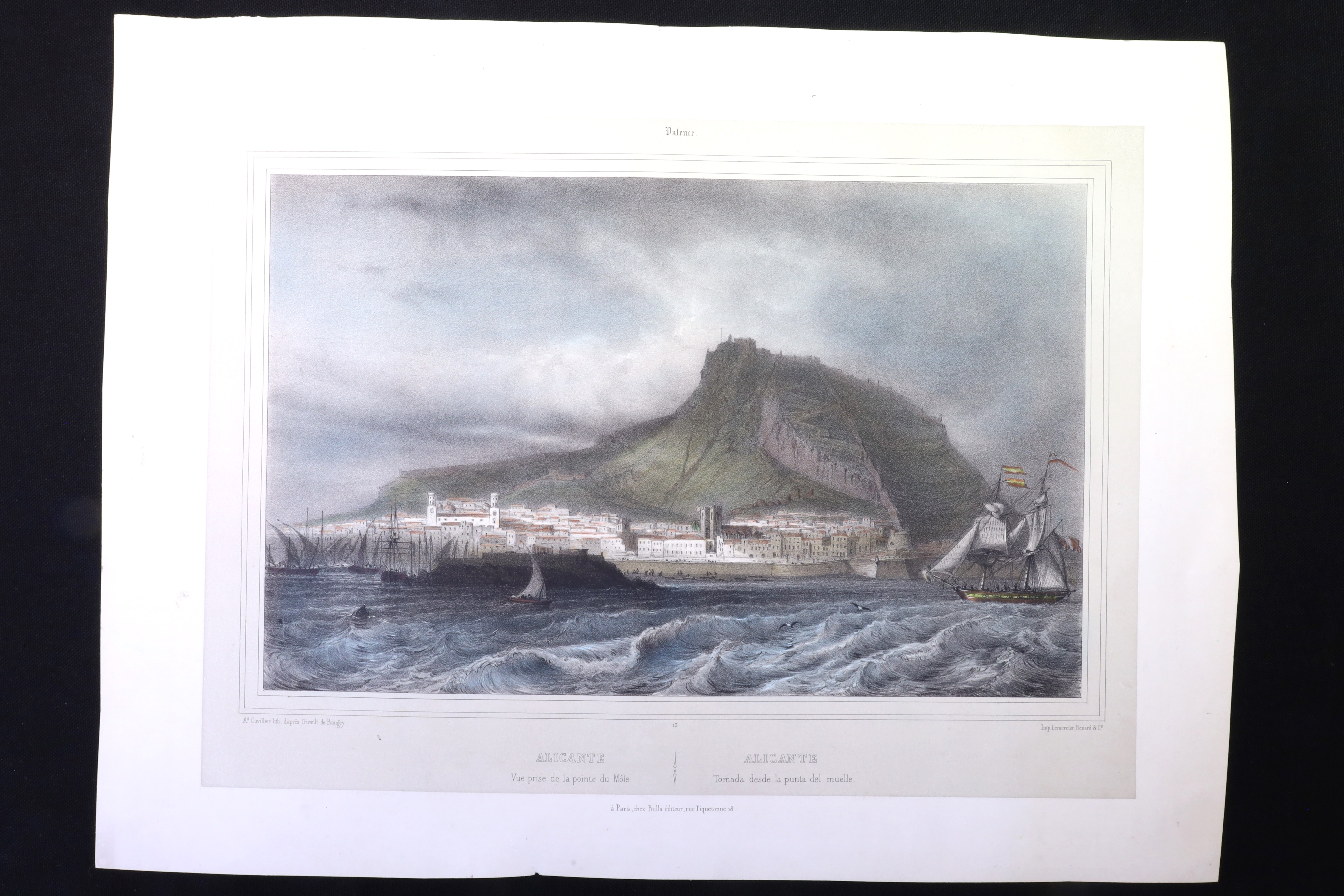 Antiques - ENGRAVING ALICANTE FROM THE TIP OF THE PIER. IN COLOUR. LITHOGRAPHY