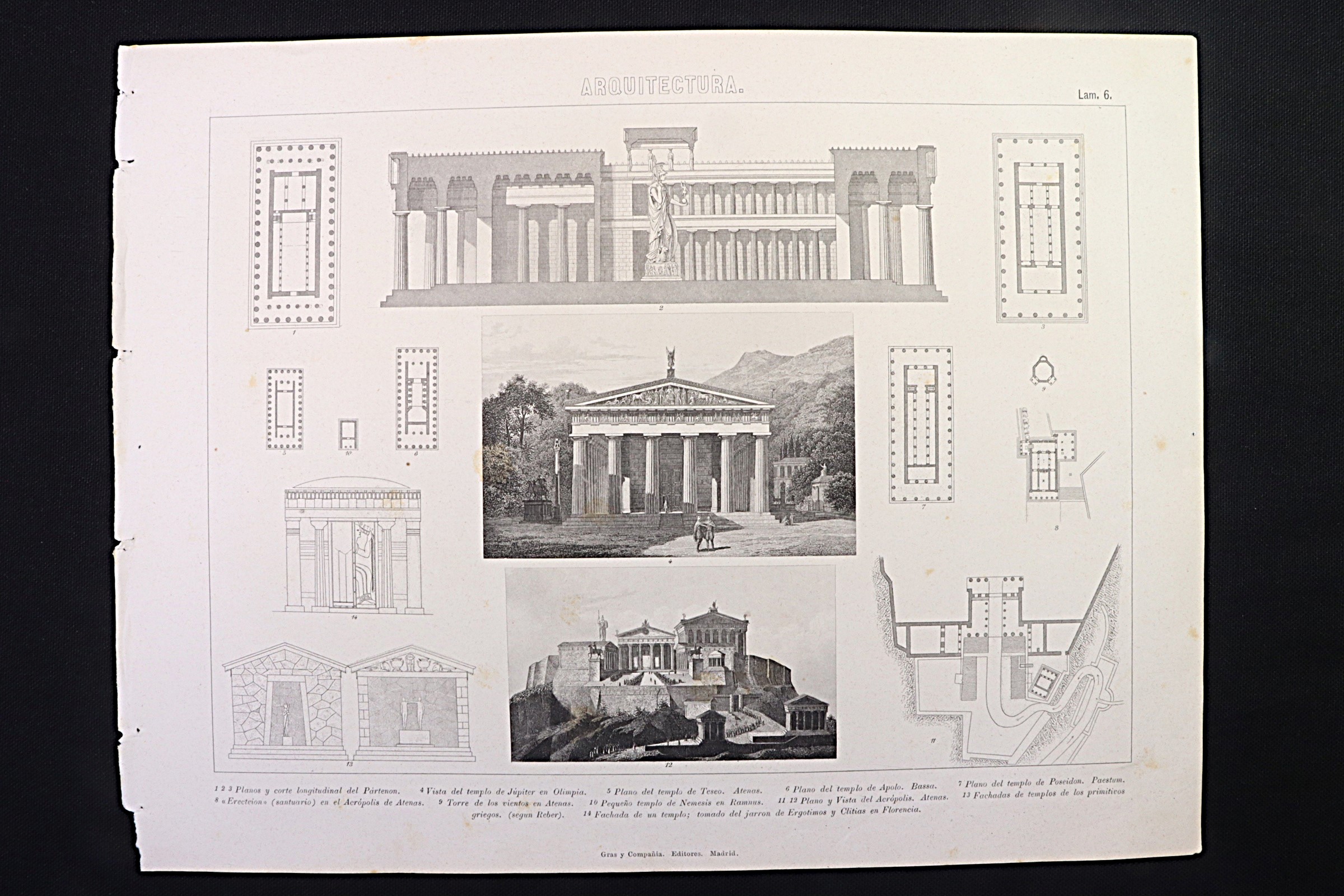 Antiques - ENGRAVING ARCHITECTURE 6 GRAS. PLANS TEMPLES OF JUPITER, TESEO, ETC.